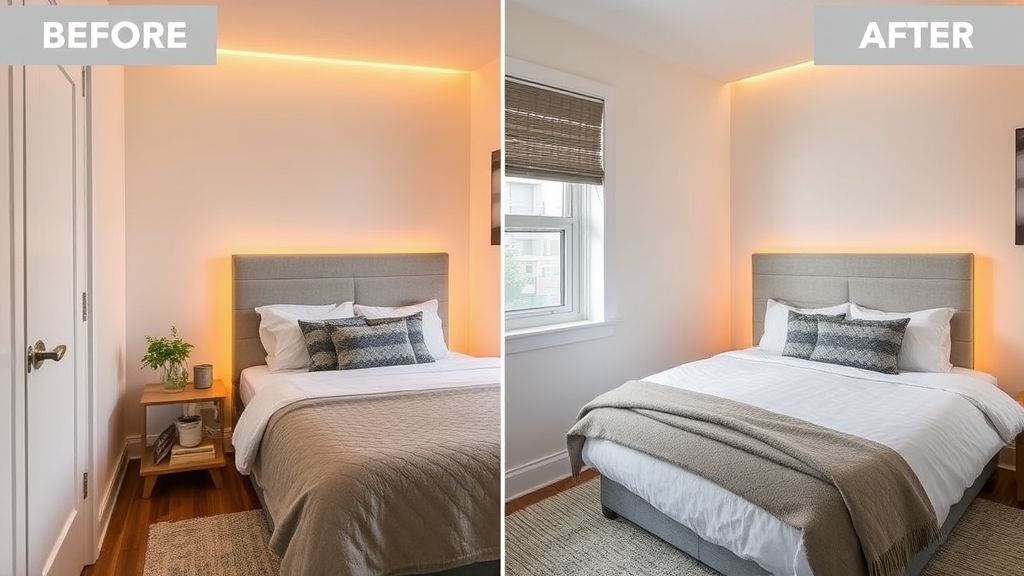 Quarto de aluguel com iluminação quente e cabeceira adesiva cinza.
