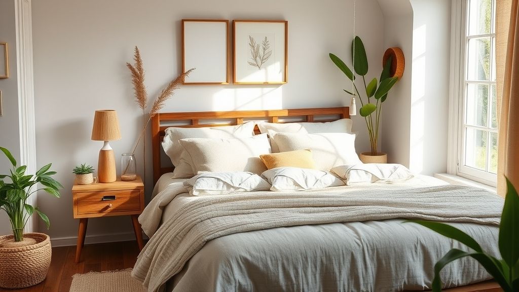 Quarto finalizado com roupa de cama clara, plantas e luminárias artesanais.