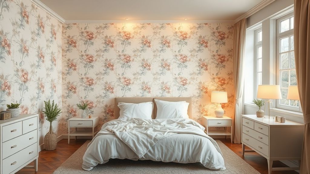 Quarto de casal com papel de parede floral claro e luz aconchegante.