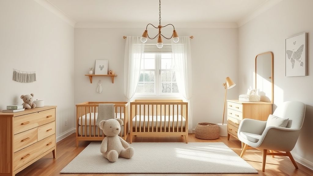Quarto de bebê completo com berço, cômoda e poltrona de amamentação em estilo escandinavo.