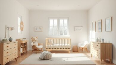 Quarto de bebê simples e bonito com tons suaves e móveis em madeira clara.
