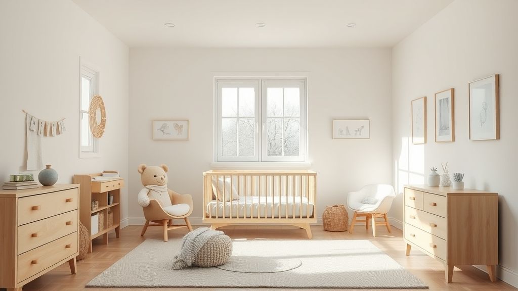 Quarto de bebê simples e bonito com tons suaves e móveis em madeira clara.