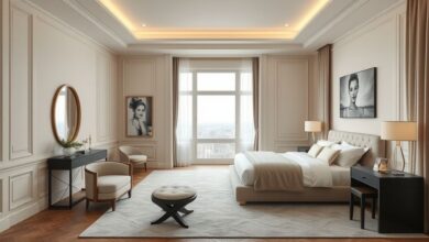 Quarto sofisticado com cama estofada, tons neutros e iluminação suave.