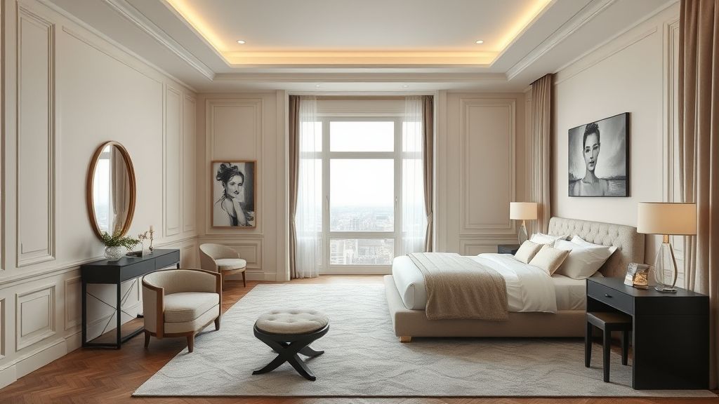 Quarto sofisticado com cama estofada, tons neutros e iluminação suave.