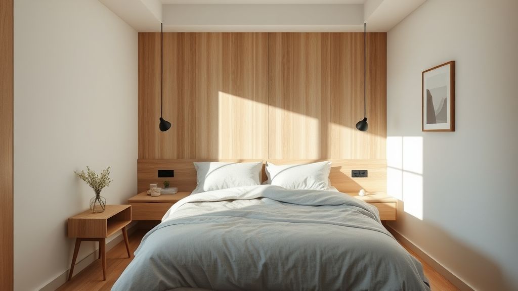 Quarto compacto com paleta neutra, cama planejada e iluminação difusa.