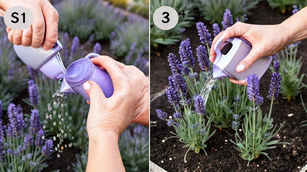 Pessoa regando lavanda cuidadosamente, mostrando técnica correta de irrigação.