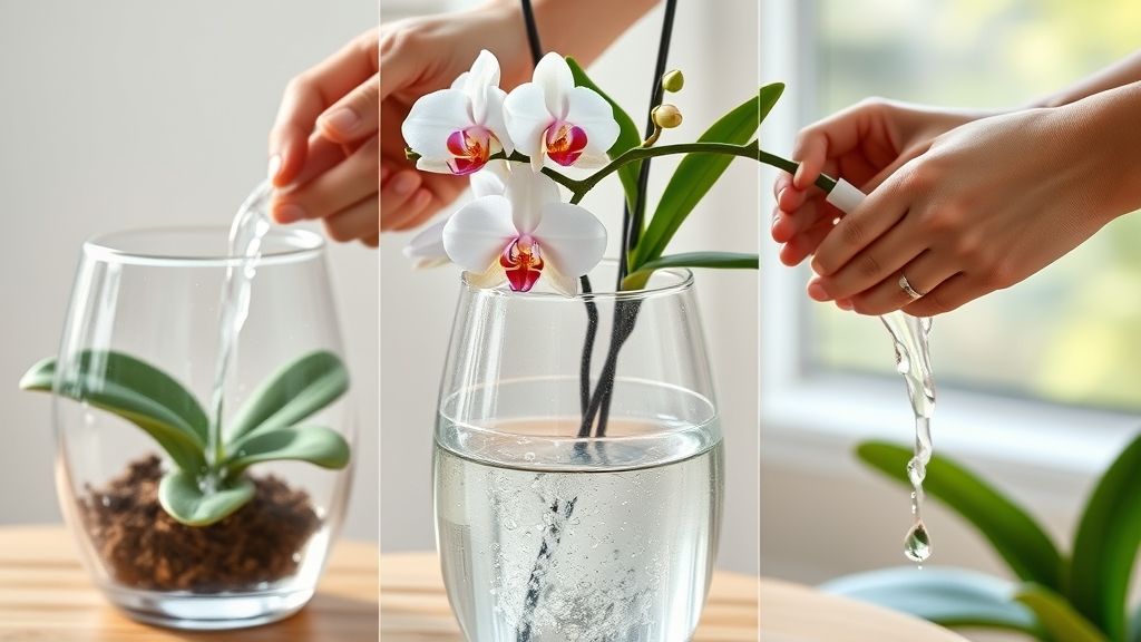 Mãos regando uma orquídea em vaso transparente, mostrando drenagem da água.
