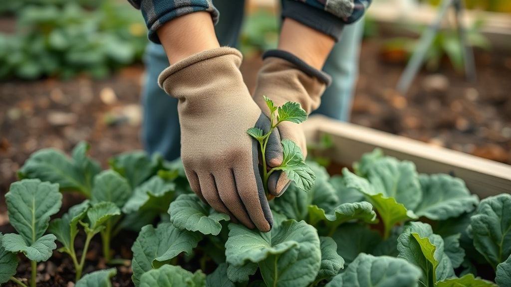 Pessoa usando luvas removendo falsa couve do solo úmido de uma horta.