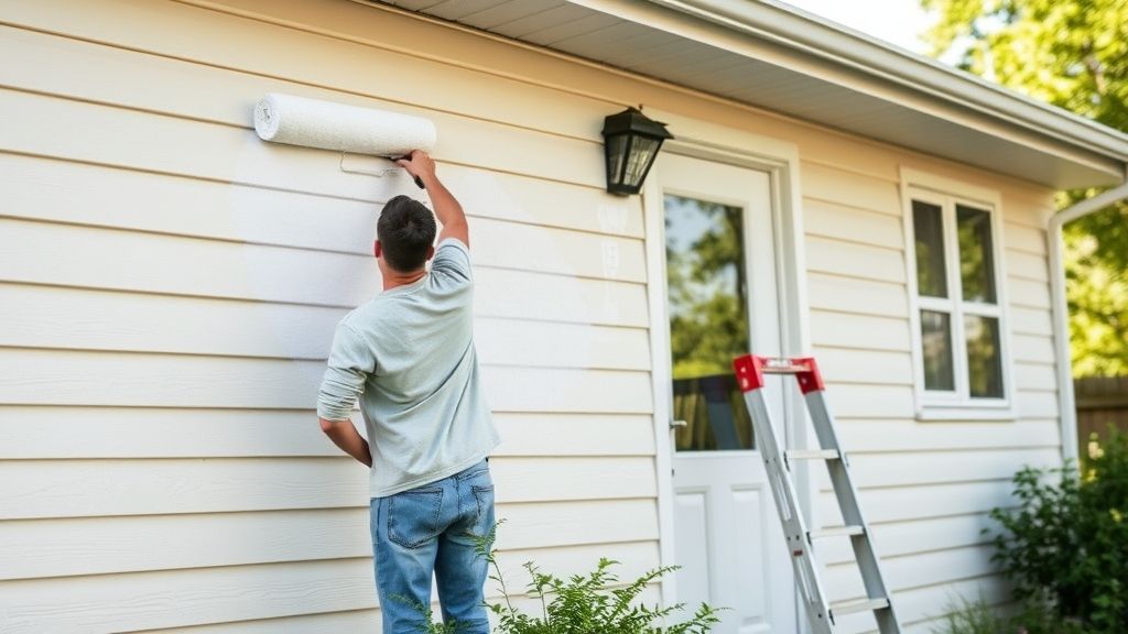 Pessoa aplicando nova demão de tinta em parede externa de casa.
