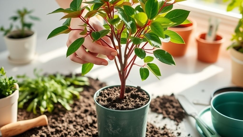 Mãos replantando Ficus Elastica Ruby em vaso com substrato drenante e ferramentas de jardinagem.