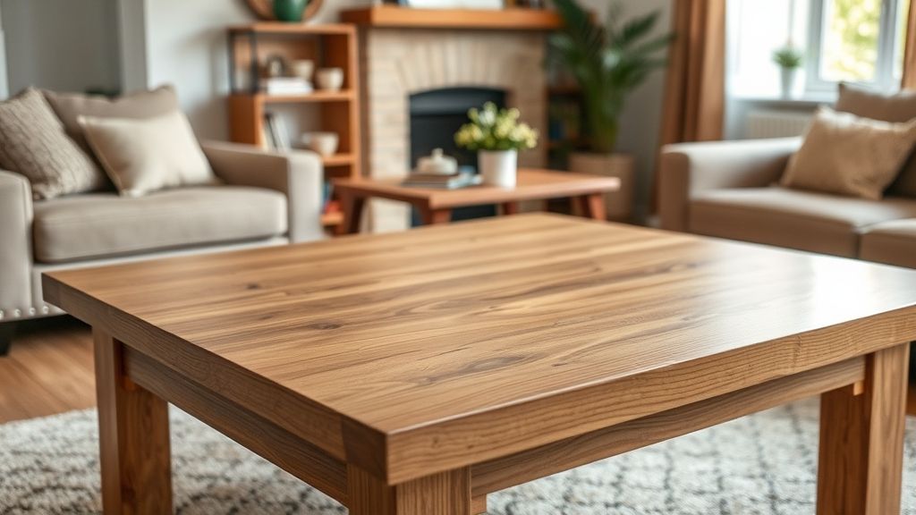 Mesa de madeira brilhante após limpeza, em ambiente harmonizado com luz quente.