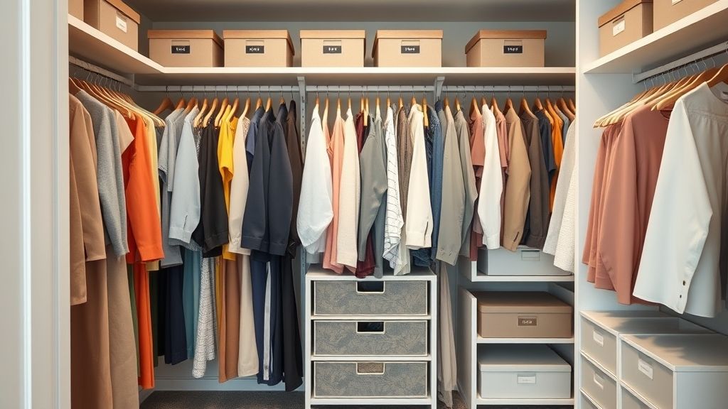 Guarda-roupa finalizado, com cabides alinhados, roupas por cor e cestos etiquetados.