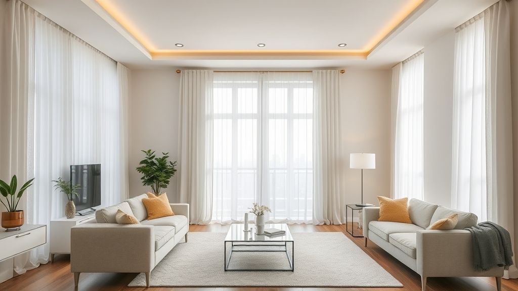 Ambiente finalizado com cortinas clean brancas, iluminação suave e decoração neutra.