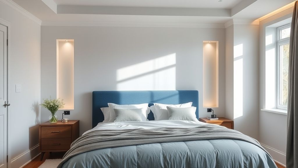 Quarto pronto com cabeceira estofada azul e iluminação embutida elegante.