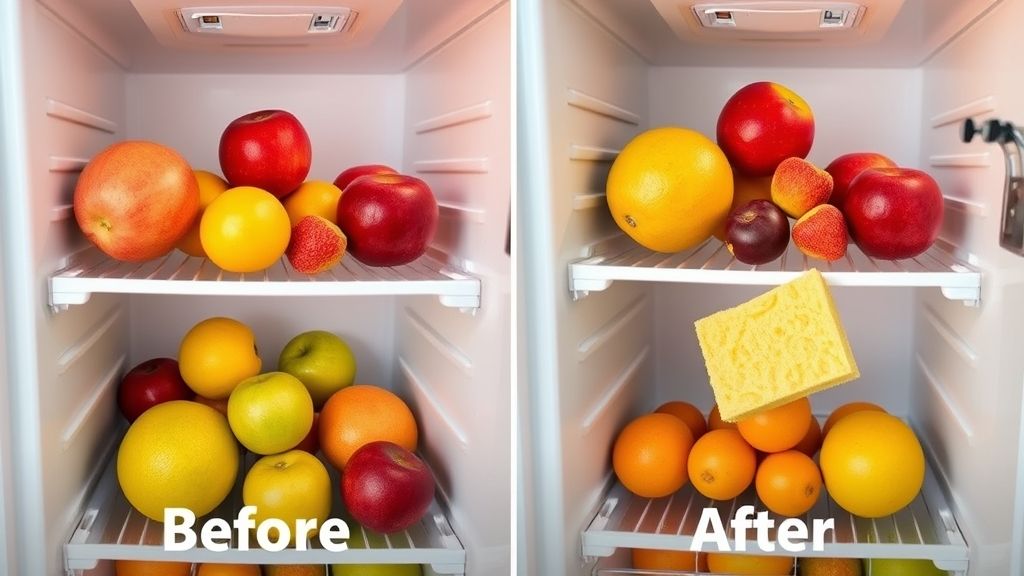 Comparação mostrando frutas frescas e crocantes após uso da esponja.