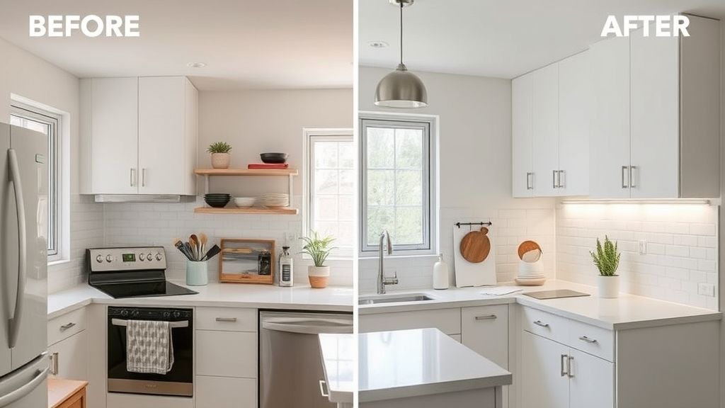 Cozinha pequena organizada e iluminada com bancadas claras e decoração funcional.