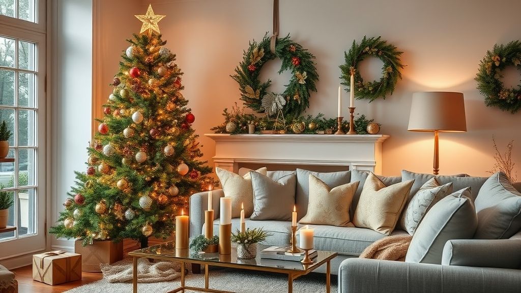 Sala finalizada com árvore, guirlanda, velas e centro de mesa dourado.