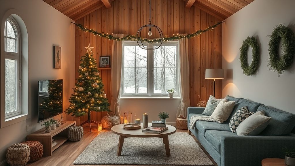 Vista final de uma sala pequena decorada para o Natal 2025, com elementos naturais e iluminação quente.