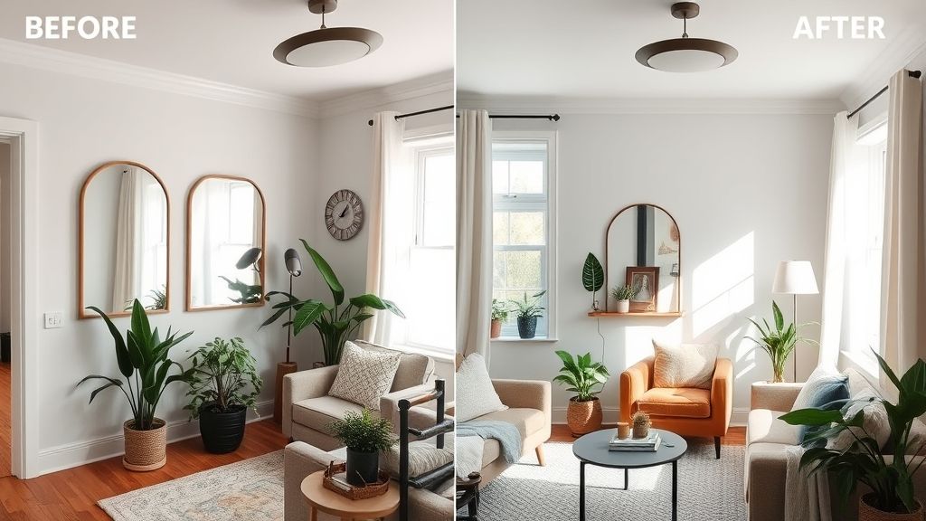 Sala pequena bem decorada com espelhos, plantas e luz natural.