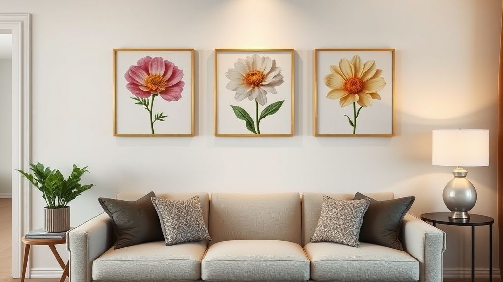 Sala decorada com composição de três quadros florais equilibrados sobre o sofá.