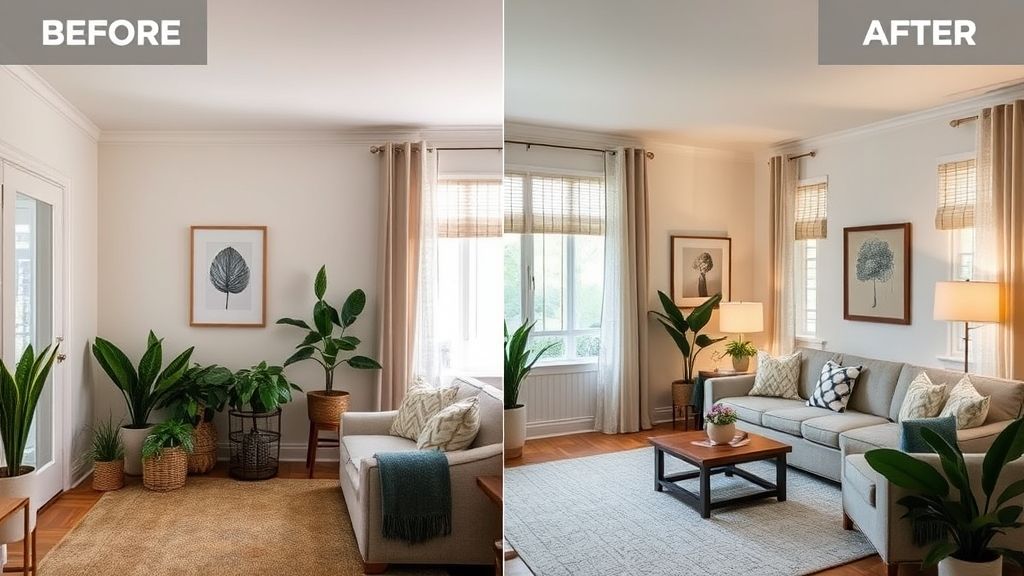 Sala finalizada com harmonia de cores e elementos naturais.