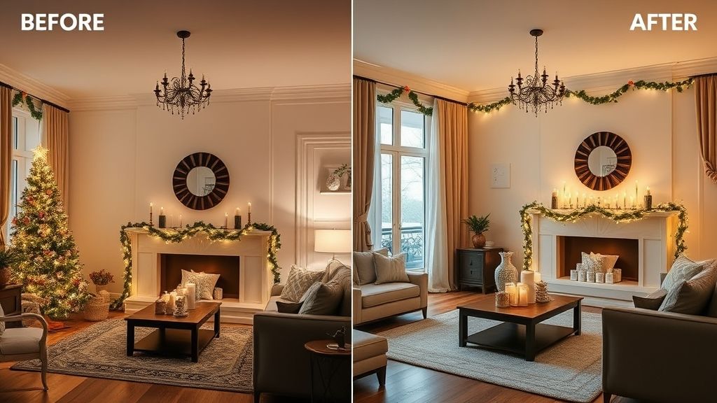 Sala iluminada e completa com enfeites de Natal 2025 finalizados, guirlandas e velas em harmonia.