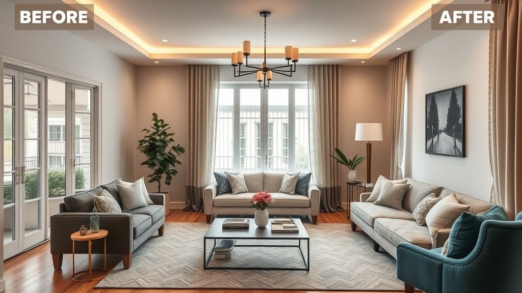 Ambiente completo com móveis econômicos em aparência premium.