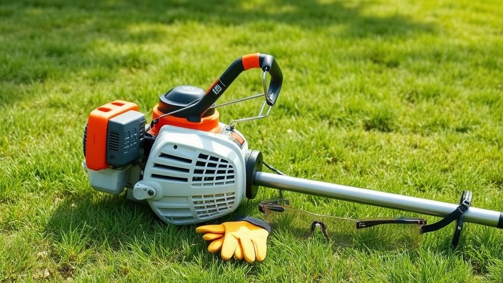 Roçadeira limpa e pronta para uso, apoiada em área verde com equipamentos de proteção ao lado.