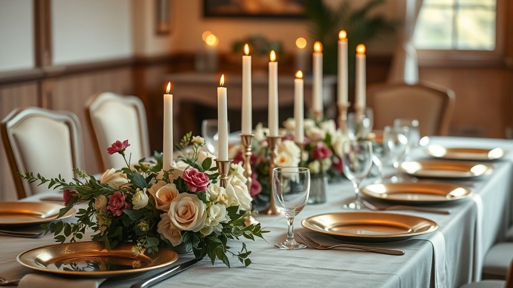 Mesa finalizada com arranjos baixos, velas e sousplats metalizados.