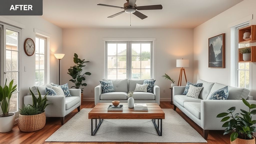 Sala finalizada com móveis claros, mesa de madeira e plantas naturais.