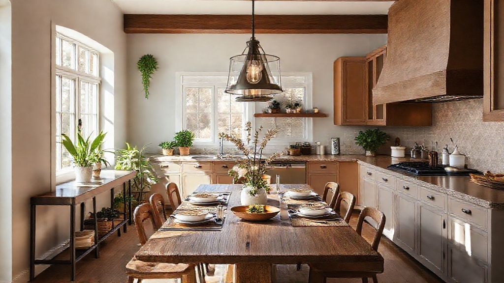 Área gourmet completa com mesa posta, iluminação e plantas decorativas.