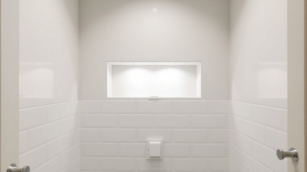 Banheiro finalizado com nicho horizontal iluminado e decoração minimalista.