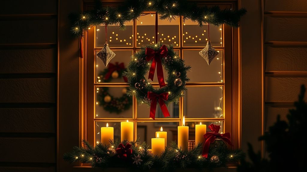 Janela decorada com luzes e guirlanda vista à noite, criando atmosfera festiva.