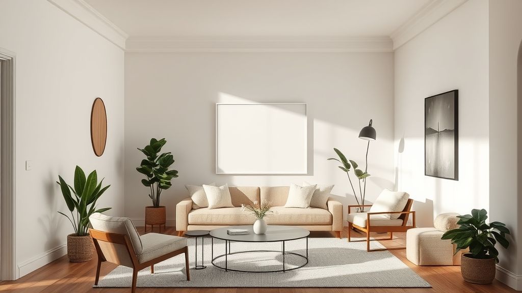 Sala finalizada com decoração minimalista 2025, móveis simples e plantas naturais.