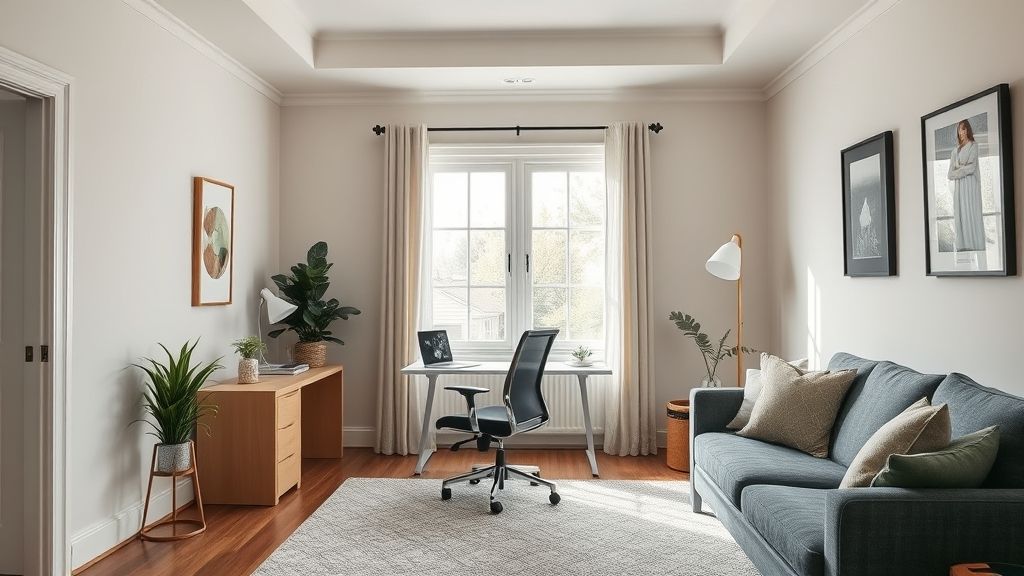 Cantinho de trabalho pronto, com mesa compacta e cadeira ergonômica.
