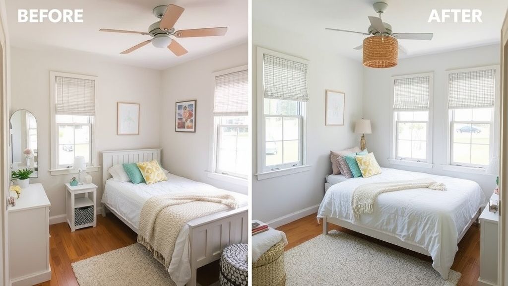 Antes e depois mostrando quarto pequeno transformado em ambiente elegante e funcional.