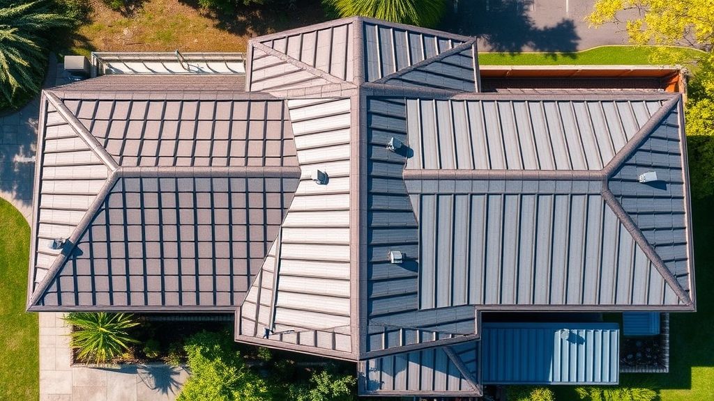 Vista aérea de casa concluída com telhado metálico e acabamento térmico, em ambiente ensolarado.