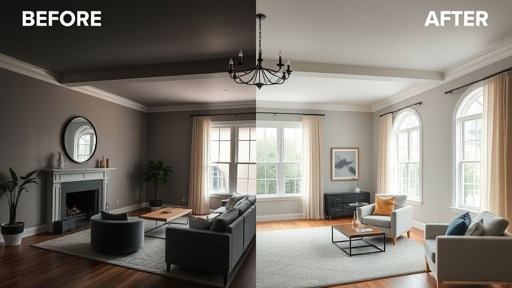 Antes e depois de uma sala escura transformada em espaço claro e fotogênico.