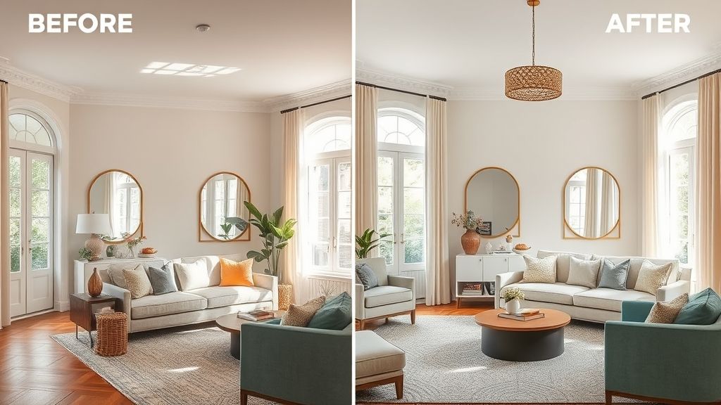 Antes e depois de um cômodo com mais iluminação natural e cores neutras.
