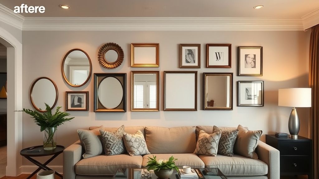 Parede finalizada com quadros e espelhos harmonizando com iluminação suave.