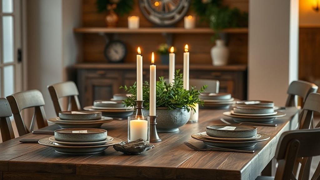 Mesa concluída com panelas de pedra, velas e arranjo verde, em ambiente acolhedor.