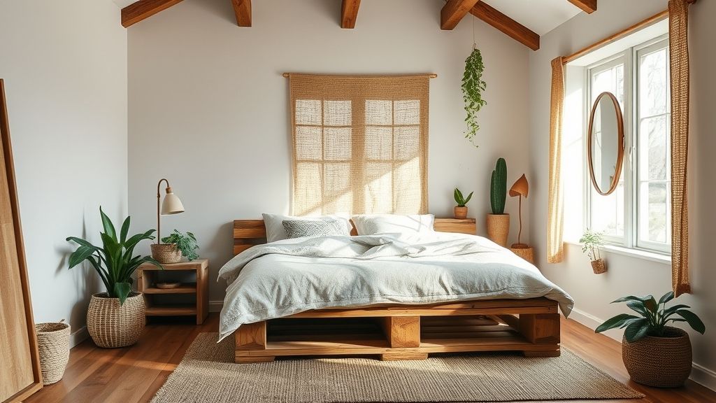 Quarto sustentável com pallets como cama e tecidos naturais.