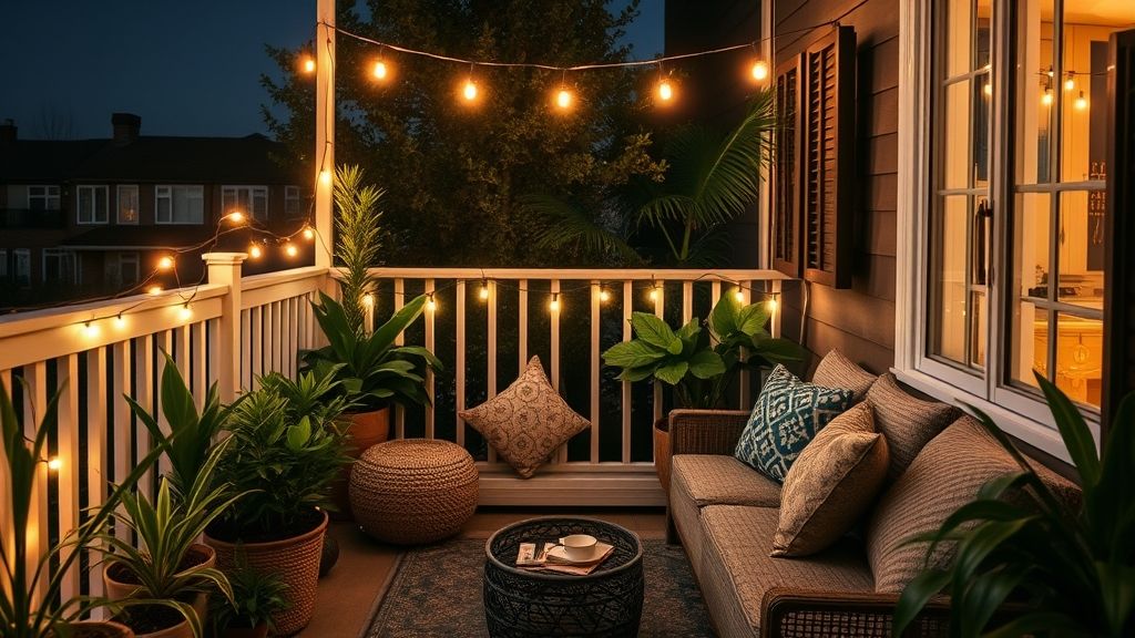 Varanda decorada com almofadas, plantas e mesa lateral iluminada à noite.