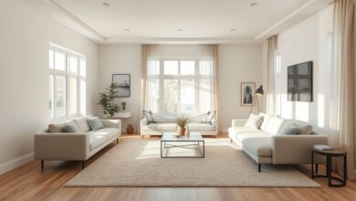 Sala de estar moderna com tapete bege que amplia visualmente o espaço.