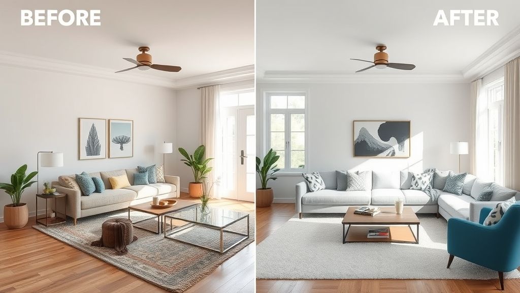 Comparação antes e depois mostrando como o tapete ampliou visualmente a sala.