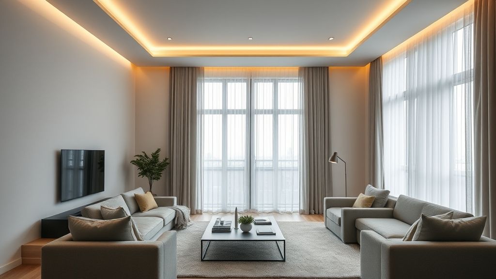 Sala de estar com automação de iluminação, cortinas e som ambiente integrados.