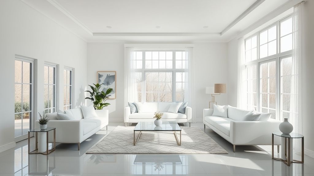 Sala de estar moderna com janelas amplas, tons claros e reflexos suaves.