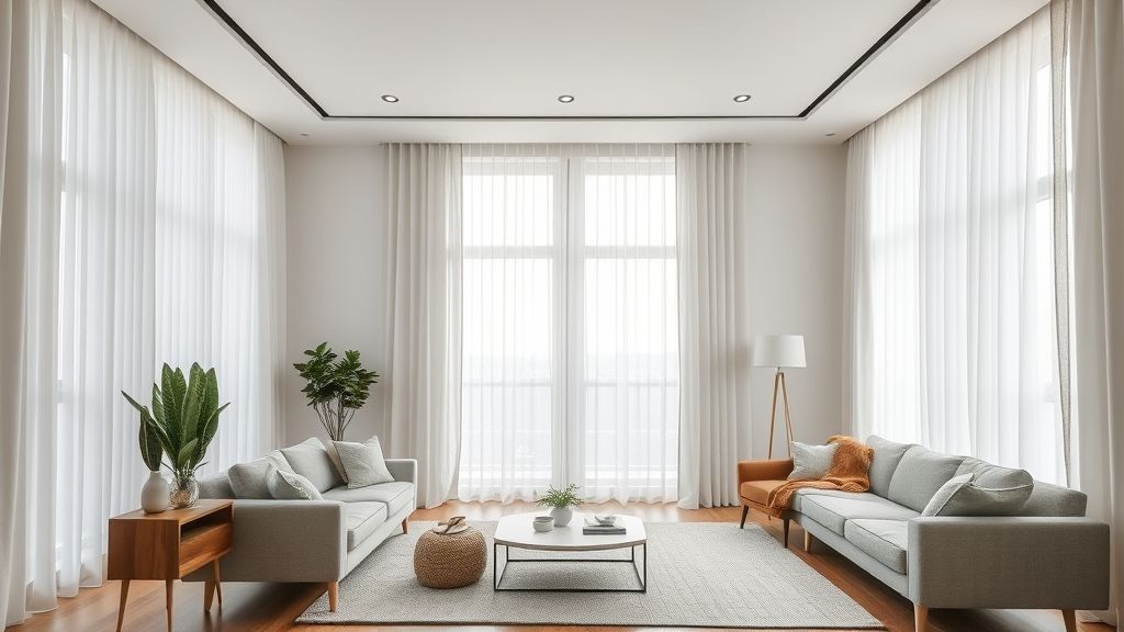 Sala de estar moderna e iluminada com cortinas clean em tecido branco translúcido.