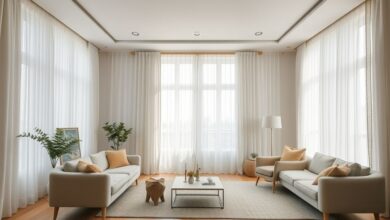 Sala decorada com cortinas brancas leves e móveis neutros, transmitindo conforto e sofisticação.