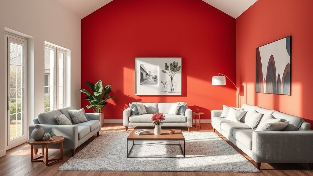 Ambiente contemporâneo com parede vermelha, sofá neutro e texturas equilibradas.